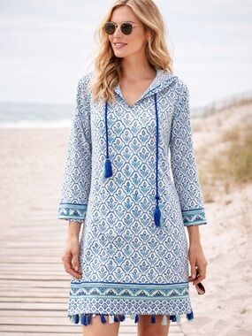 Cabana Life Blue and White Tassel-Hem Swim Coverup